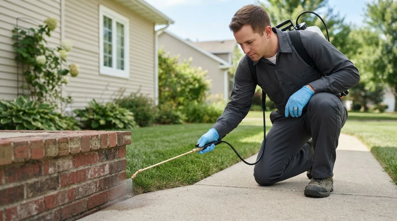 Pest control technician treating a home near Auburndale, WI