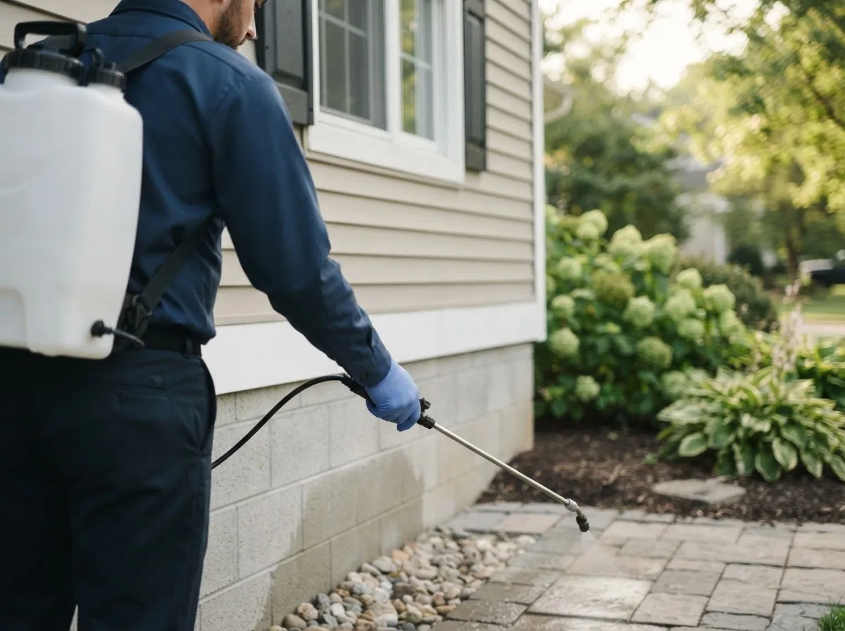 Pest control technician inspecting a home in Auburndale, WI